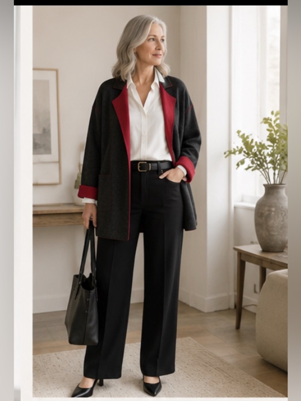 Modern Soul Charcoal Gray/Dark Red Wool Blend‎ Cardigan Blazer Sweater Size L